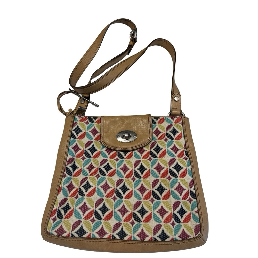 Fossil Vintage Multicolor Geometric Diamond Pattern Crossbody Purse W/ Key